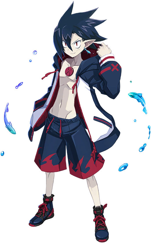 1boy black_hair demon_boy disgaea disgaea_rpg earrings full_body hair_between_eyes hand_in_pocket harada_takehito jacket jewelry male_focus male_swimwear navel official_art open_clothes open_jacket red_eyes shoelaces shoes smile swim_trunks topless_male transparent_background valvatorez_(disgaea) vampire