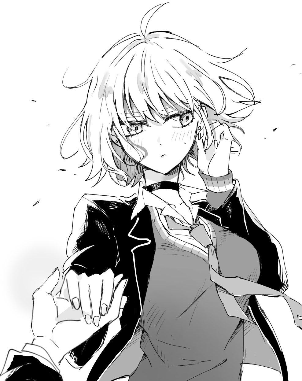 1boy 1girl ahoge blush breasts choker earrings fate/grand_order fate_(series) highres holding_hands jeanne_d'arc_alter_(avenger)_(fate) jeanne_d'arc_alter_(fate) jewelry large_breasts mo_(aabx315) monochrome necktie school_uniform short_hair stud_earrings sweater