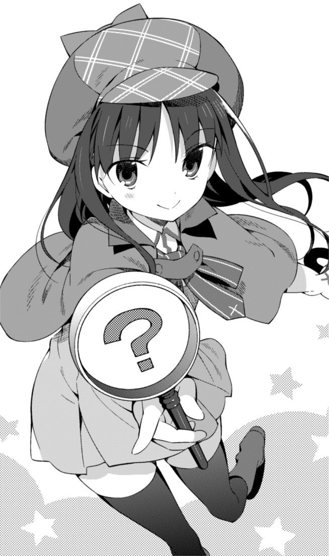 1girl ? alternate_costume boots bow bowtie capelet closed_mouth deerstalker greyscale hanabana_tsubomi hat holding holding_magnifying_glass kara_no_kyoukai long_hair looking_at_viewer magnifying_glass monochrome ryougi_mana simple_background skirt smile solo thigh-highs type-moon