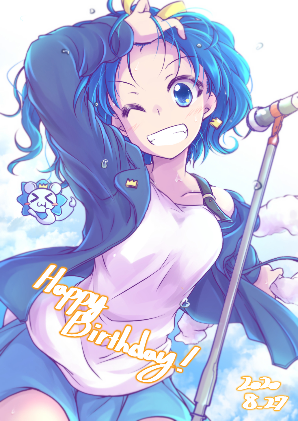 1girl black_jacket blue_eyes blue_hair blue_skirt blue_sky casual clouds cloudy_sky cowboy_shot crown_earrings dated day english_text grin hair_ribbon hand_in_own_hair happy_birthday highres jacket kirakira_precure_a_la_mode lion looking_at_viewer medium_hair microphone_stand miniskirt muusu off_shoulder one_eye_closed outdoors precure ribbon skirt sky smile solo standing tank_top tategami_aoi white_tank_top yellow_ribbon