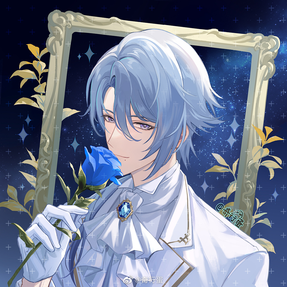 1boy alternate_costume ascot blue_flower blue_gemstone blue_hair blue_rose brooch closed_mouth curtained_hair empty_picture_frame flower gem genshin_impact gloves hair_between_eyes hair_over_shoulder half_gloves holding holding_flower jacket jewelry kamisato_ayato lapels leaf long_hair long_sleeves looking_at_viewer low_ponytail male_focus mole mole_under_mouth notched_lapels picture_frame qixing_dan rose shirt sideways_glance sky smelling_flower smile solo star_(sky) starry_sky upper_body violet_eyes weibo_logo weibo_watermark white_ascot white_gloves white_jacket white_shirt