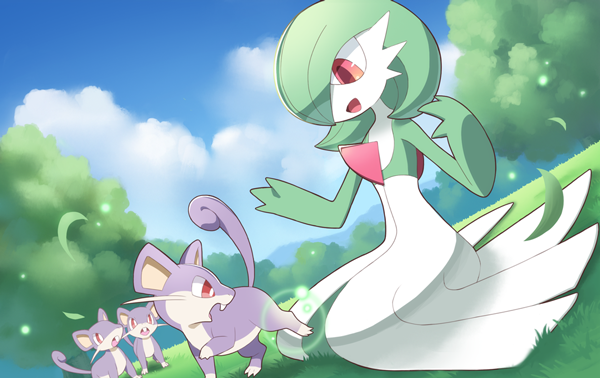 blue_sky bob_cut clouds colored_skin dress gardevoir grass green_hair hair_over_one_eye mouse multicolored_skin on_floor on_grass open_mouth pink_eyes pokemon pokemon_(creature) purple_fur rattata red_eyes sky smile tree two-tone_fur two-tone_skin white_dress white_skin whitexterior