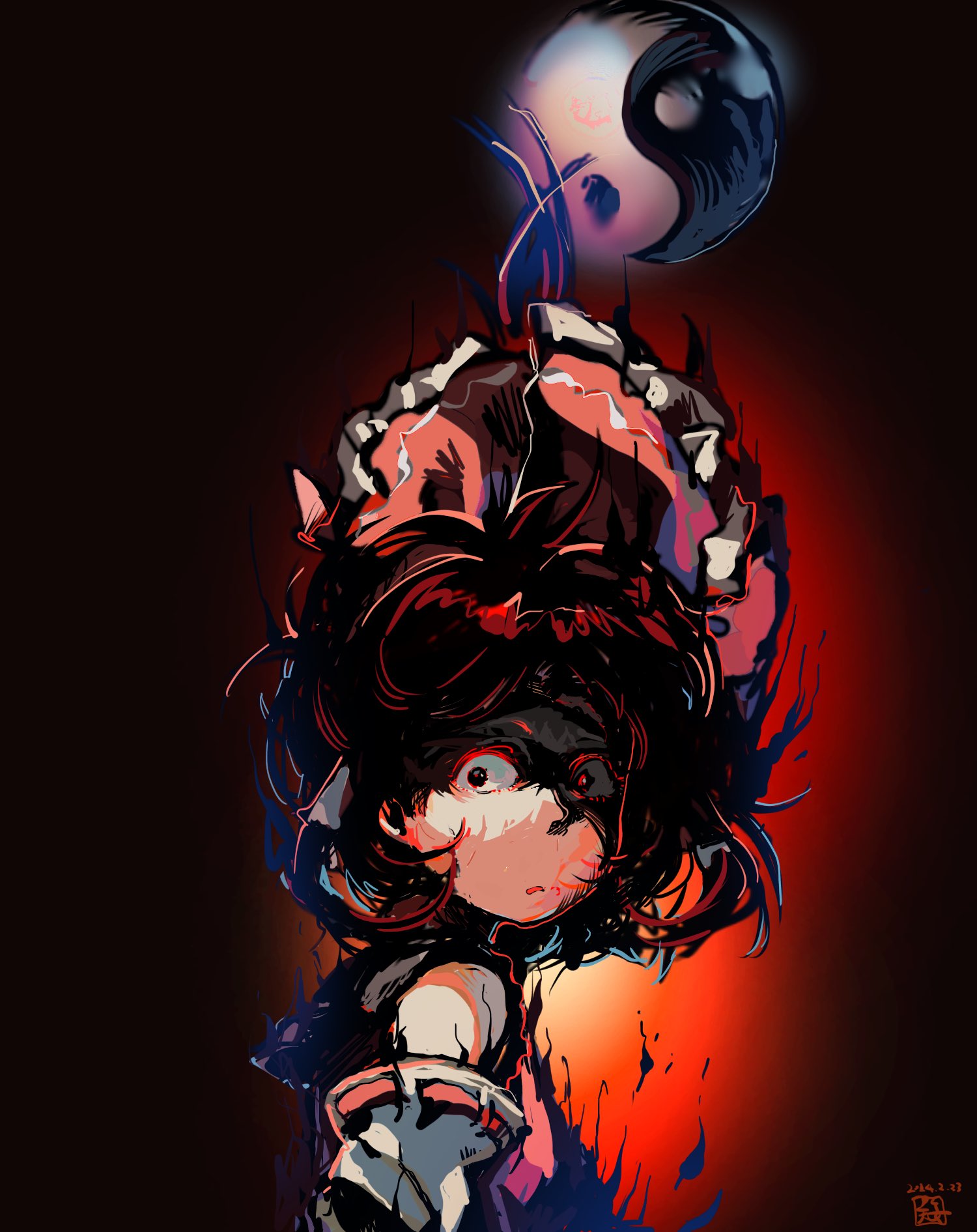 1girl aura black_eyes black_hair bow commentary dark_aura dated detached_sleeves floating_hair frilled_bow frilled_hair_tubes frills hair_bow hair_tubes hakurei_reimu highres kokechankokko looking_at_viewer looking_to_the_side open_mouth orb red_background red_bow redhead ribbon-trimmed_sleeves ribbon_trim shaded_face short_hair solo symbol-only_commentary touhou upper_body white_sleeves yin_yang yin_yang_orb
