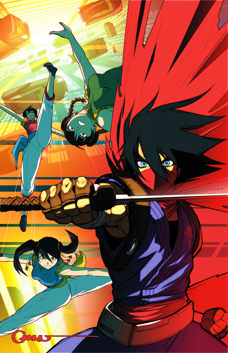 1boy 3girls bare_arms bei_pooh bell belt black_hair blue_eyes braid breasts brown_hair building capri_pants chinese_clothes city clenched_hand energy_sword fingerless_gloves flying_car flying_kick gloves gymnastics hair_bell hair_ornament highres holding holding_weapon kicking multiple_girls ninja no_socks omar_dogan pants plasma_sword red_eyes red_sash red_scarf sai_pooh sash scarf signature skyscraper split strider_(video_game) strider_hiryuu sword teeth ton_pooh twin_braids twintails weapon