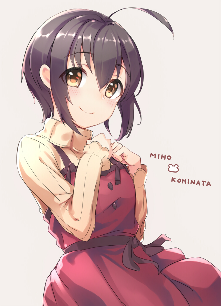 1girl ahoge black_hair black_ribbon blush breasts brown_eyes character_name clenched_hands closed_mouth commentary_request cowboy_shot dress eyes_visible_through_hair hair_between_eyes hands_on_own_chest idolmaster idolmaster_cinderella_girls kohinata_miho kuresuku_(lessons) long_sleeves looking_at_viewer looking_to_the_side medium_breasts raised_eyebrows red_dress ribbed_sweater ribbon short_hair sidelocks simple_background sleeveless sleeveless_dress smile solo sweater thick_eyebrows three_quarter_view turtleneck turtleneck_sweater waist_ribbon white_background yellow_sweater