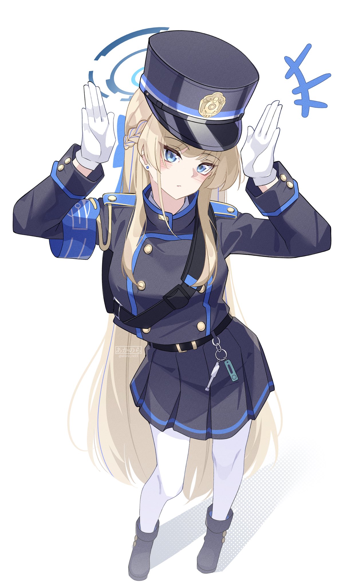 1girl akanora alternate_costume armband belt black_belt black_footwear black_hat black_skirt blonde_hair blue_archive blue_armband blue_eyes blue_hair boots braid closed_mouth earrings full_body gloves halo hands_up hat highres jewelry long_hair long_sleeves looking_at_viewer multicolored_hair pantyhose sidelocks simple_background skirt solo standing streaked_hair stud_earrings toki_(blue_archive) white_background white_gloves white_pantyhose