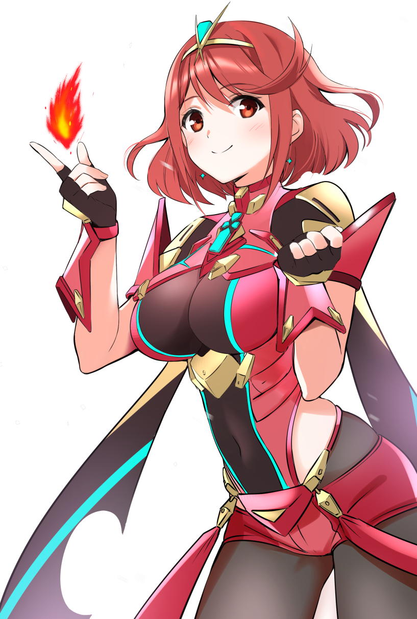 1girl armor arms_at_sides ass_visible_through_thighs backless_outfit black_gloves bob_cut breasts chest_jewel core_crystal_(xenoblade) drop_earrings earrings fingerless_gloves gloves hands_up highres impossible_clothes jewelry large_breasts misu_kasumi pantyhose pantyhose_under_shorts pyra_(xenoblade) red_eyes red_shorts redhead short_hair short_shorts short_sleeves shorts shoulder_armor skindentation smile solo super_smash_bros. swept_bangs thigh-highs thighhighs_over_pantyhose tiara xenoblade_chronicles_(series) xenoblade_chronicles_2