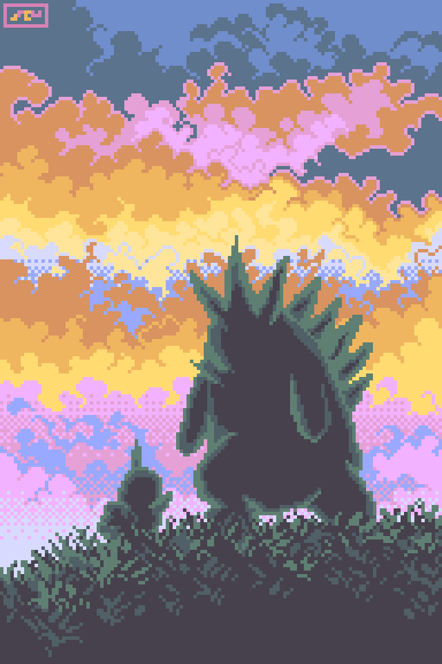 animal_focus artist_name clouds cloudy_sky commentary dusk english_commentary evolutionary_line facing_away jrchair98 larvitar no_humans on_grass outdoors pixel_art pokemon pokemon_(creature) sky sunset tyranitar