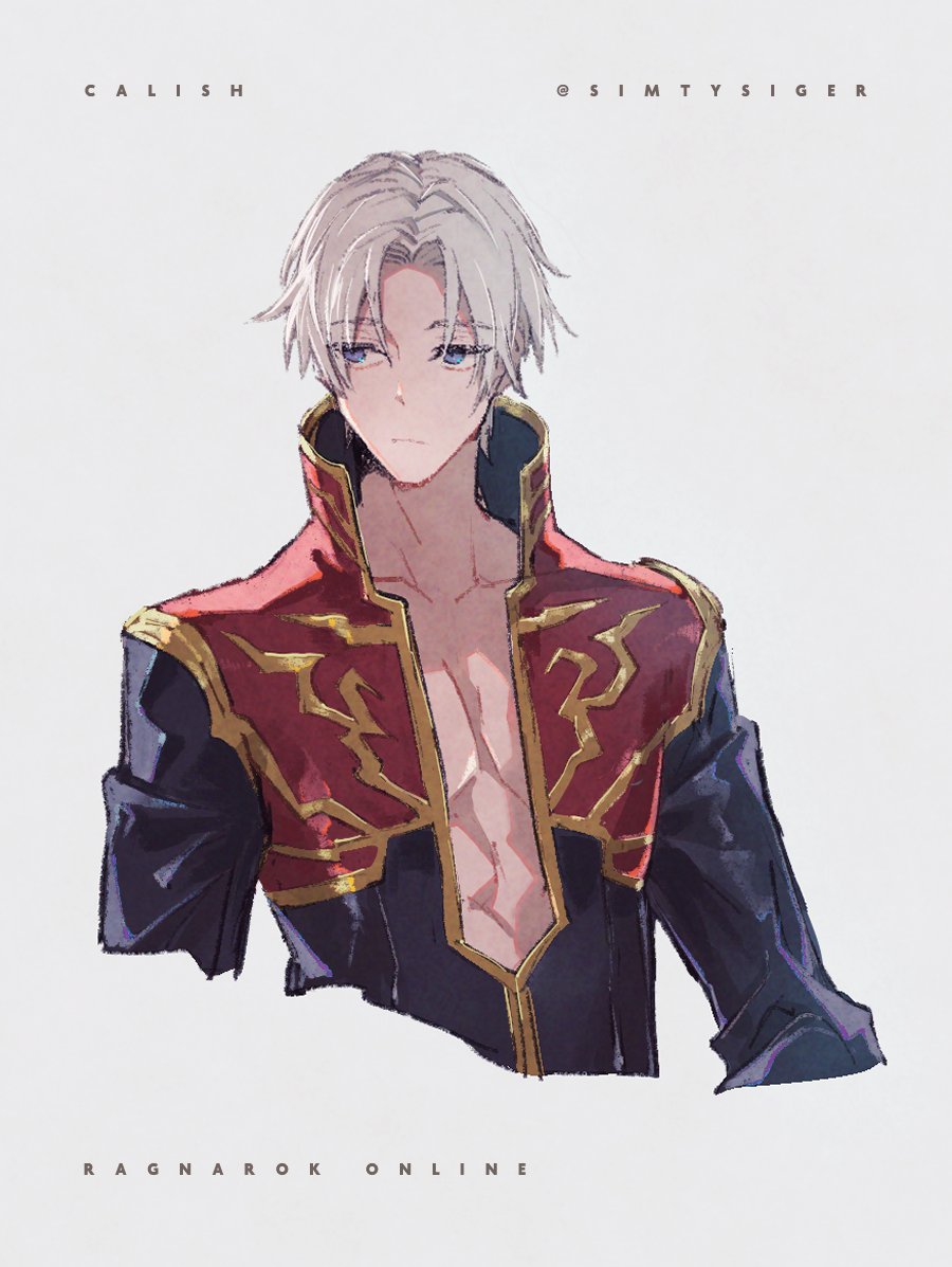 1boy artist_name black_coat blue_eyes closed_mouth coat copyright_name cropped_torso expressionless gold_trim grey_background grey_hair long_sleeves looking_afar looking_to_the_side male_focus multicolored_coat parted_bangs priest_(ragnarok_online) ragnarok_online red_coat short_hair simple_background simty_(lemon_ginger) solo two-tone_coat upper_body
