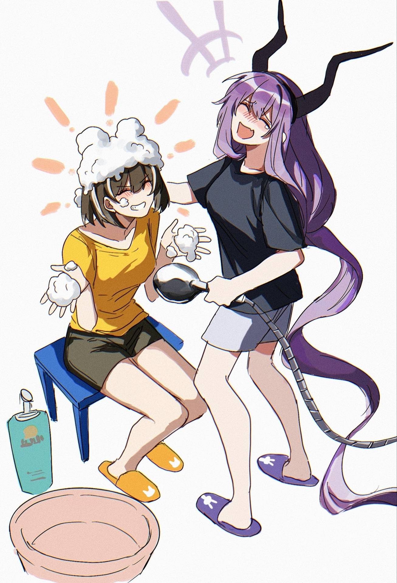 2girls absurdly_long_hair arknights bath_stool black_shirt black_shorts blush breasts brown_hair closed_eyes commentary full_body grey_shorts grin highres holding holding_hose horns hose laughing leaning_back long_hair magallan_(arknights) medium_breasts multicolored_hair multiple_girls open_mouth purple_footwear purple_hair shampoo_bottle shirt shorts simple_background slippers smile soap_bubbles stool streaked_hair t-shirt tearing_up typhon_(arknights) very_long_hair washing_another washing_hair washtub white_background yellow_footwear yellow_shirt zuo_daoxing