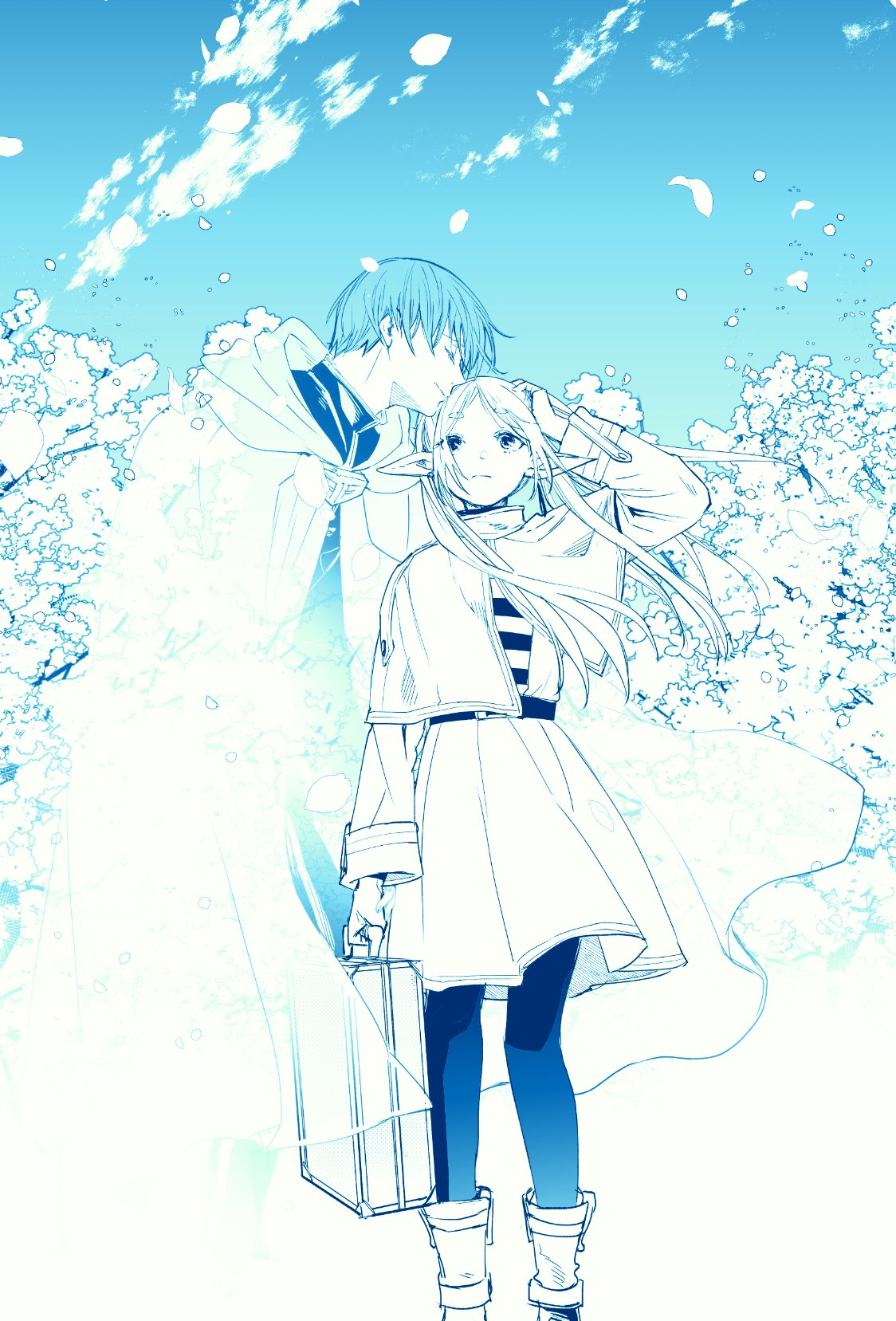 1boy 1girl blue_hair blue_sky blue_theme boots cape capelet closed_mouth commentary dress earrings elf falling_petals flower frieren ghost hand_on_own_head highres himmel_(sousou_no_frieren) holding holding_suitcase jewelry kissing_hair long_hair long_sleeves looking_at_viewer mikki_(asmp) monochrome outdoors pantyhose petals pointy_ears short_hair sky sousou_no_frieren suitcase twintails