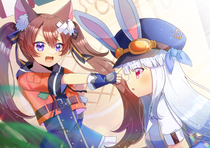2girls :d animal_ear_fluff animal_ears black_bow blue_dress blue_gloves blue_hat blue_vest bow brown_hair cabbie_hat commentary_request commission crossed_bandaids dress fingerless_gloves frilled_dress frills gloves grey_hair hair_between_eyes hair_bow hat jacket kou_hiyoyo long_hair multiple_girls open_clothes open_jacket orange_jacket parted_lips pointing profile puffy_short_sleeves puffy_sleeves rabbit_ears red_eyes short_sleeves skeb_commission smile striped_bow tevi tevi_(character) twintails v-shaped_eyebrows vena_(tevi) very_long_hair vest violet_eyes