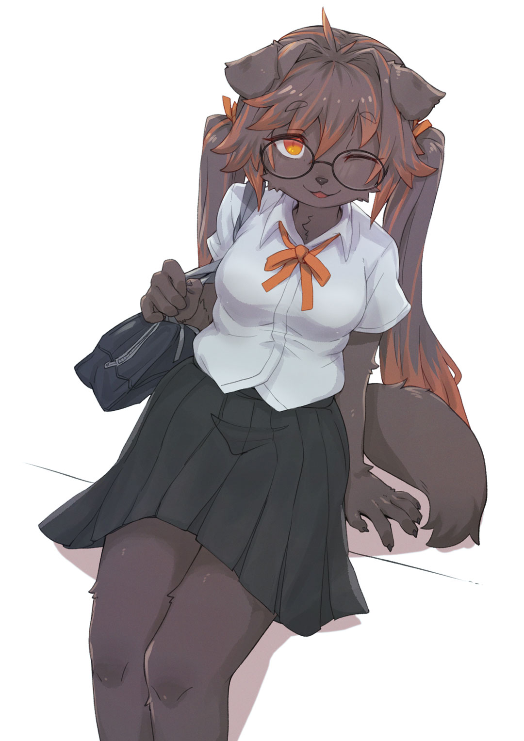 1girl ;3 animal_ears animal_nose bag black-framed_eyewear black_skirt body_fur brown_fur brown_hair collared_shirt dog_ears dog_girl dog_tail feet_out_of_frame from_above furry furry_female glasses hair_intakes hanadaiteol highres holding_strap legs_together long_hair looking_at_viewer multicolored_hair neck_ribbon one_eye_closed open_mouth orange_hair orange_ribbon original ribbon round_eyewear school_bag school_uniform shirt simple_background sitting skirt slit_pupils smile solo streaked_hair tail twintails two-tone_hair white_background white_shirt yellow_eyes