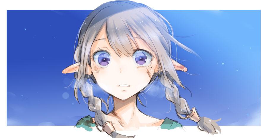1girl ayakura_juu blue_sky braid breath close-up clouds commentary_request elf eye_reflection grey_hair long_hair looking_at_viewer mole mole_under_eye original parted_lips pointy_ears reflection sketch sky solo twin_braids violet_eyes