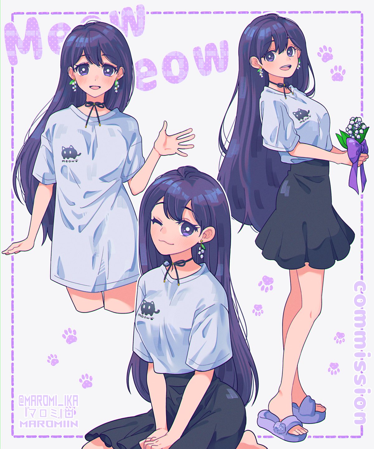 1girl :3 :d artist_name black_ribbon black_skirt blush bow closed_mouth commission cropped_legs high-waist_skirt highres holding holding_plant inset_border legs_together long_sleeves looking_at_viewer mari_(faraway)_(omori) mari_(omori) maromichan multiple_views neck_ribbon no_pants omori one_eye_closed open_mouth plant pleated_skirt print_shirt purple_bow purple_footwear purple_hair ribbon sandals shirt simple_background skirt smile thigh_gap twitter_username violet_eyes white_background white_shirt