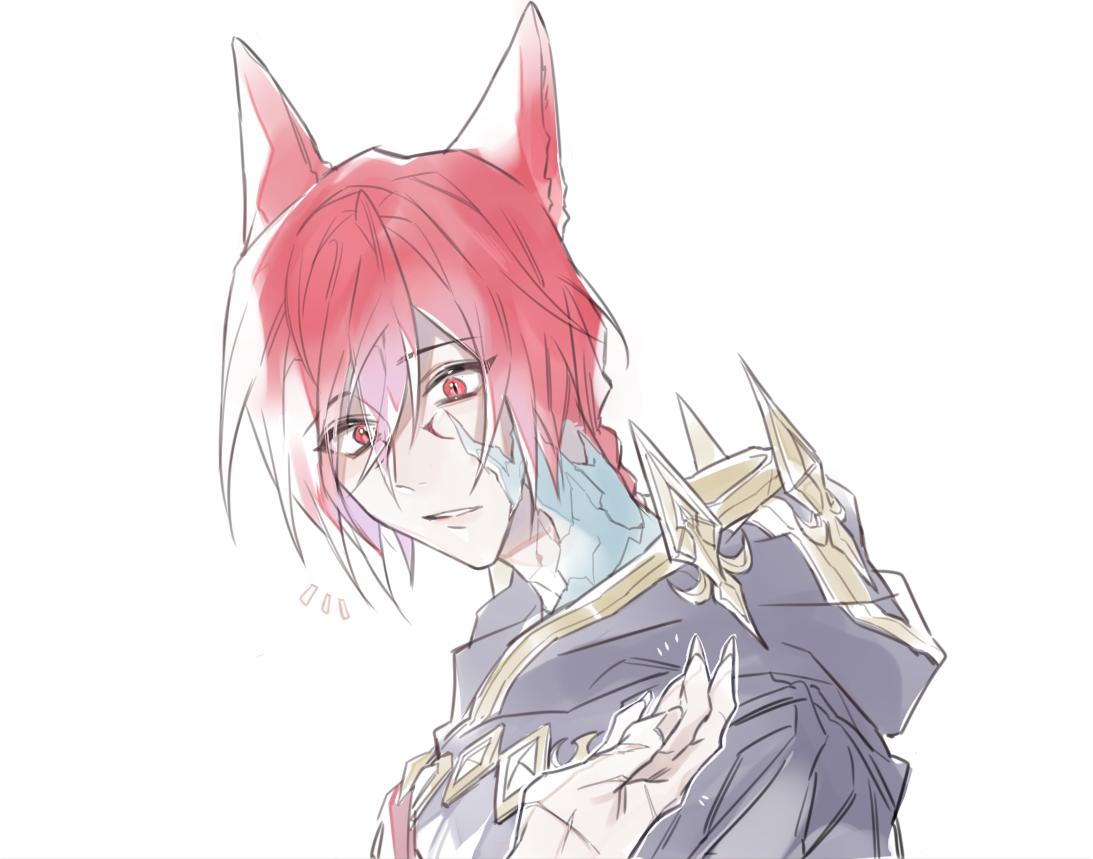 1boy 1other braid cloak crystal_exarch final_fantasy final_fantasy_xiv from_side g'raha_tia hood hood_down hooded_cloak long_hair male_focus material_growth miqo'te notice_lines pov pov_hands red_eyes redhead simple_background slit_pupils solo_focus tladpwl03 white_background