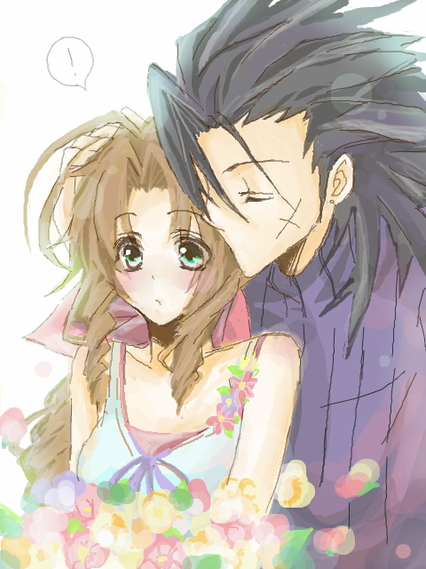 ! 1boy 1girl :o aerith_gainsborough ahoge black_hair blush bouquet brown_hair closed_eyes coco1017 couple crisis_core_final_fantasy_vii cross_scar curly_hair dress earrings final_fantasy final_fantasy_vii flower green_eyes hair_ribbon hair_slicked_back hand_on_another's_head hand_up hetero holding holding_bouquet jewelry kiss kissing_cheek long_hair open_mouth parted_bangs pink_flower pink_ribbon ponytail purple_flower purple_sweater ribbon scar scar_on_cheek scar_on_face simple_background spiky_hair stud_earrings surprised sweater tegaki turtleneck turtleneck_sweater upper_body white_background white_dress yellow_flower zack_fair