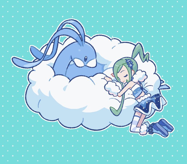 1girl altaria arm_warmers asymmetrical_sidelocks blue_footwear boots closed_eyes closed_mouth green_hair hands_up kneeling lisia_(pokemon) outline overskirt pokemon pokemon_(creature) pokemon_oras rii_(mrhc7482) scarf shorts single_thighhigh smile thigh-highs vest
