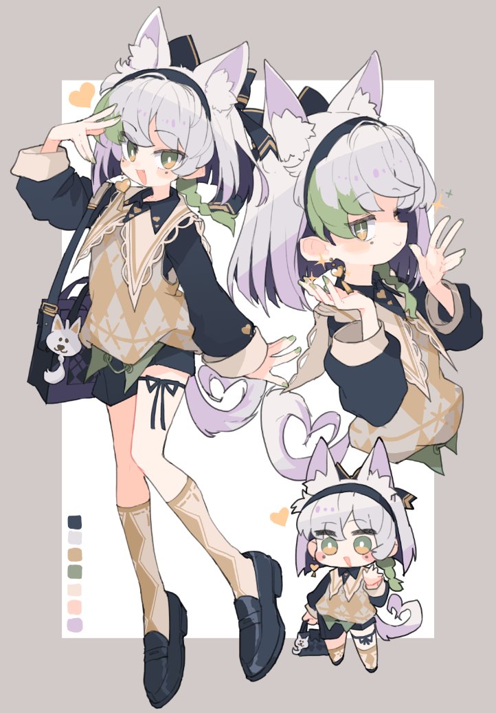 1girl :d animal_ear_fluff animal_ears bag black_footwear black_hairband black_shirt black_shorts blunt_ends border bow bright_pupils cat_ears cat_girl cat_tail chibi chibi_inset collared_shirt color_guide colored_inner_hair commission cropped_torso cross-shaped_pupils earrings extra_ears green_eyes green_hair green_nails grey_border hair_bow hairband hand_up hands_up heart heart_earrings heart_tail jewelry kasa_(hitori_sanka) knees_together_feet_apart loafers looking_at_viewer medium_hair mole mole_under_each_eye mole_under_eye multicolored_hair multiple_moles multiple_views open_mouth original outside_border shirt shoes shorts shoulder_bag skeb_commission smile socks sparkle standing symbol-shaped_pupils tail upper_body vest white_background white_hair white_pupils yellow_socks yellow_vest