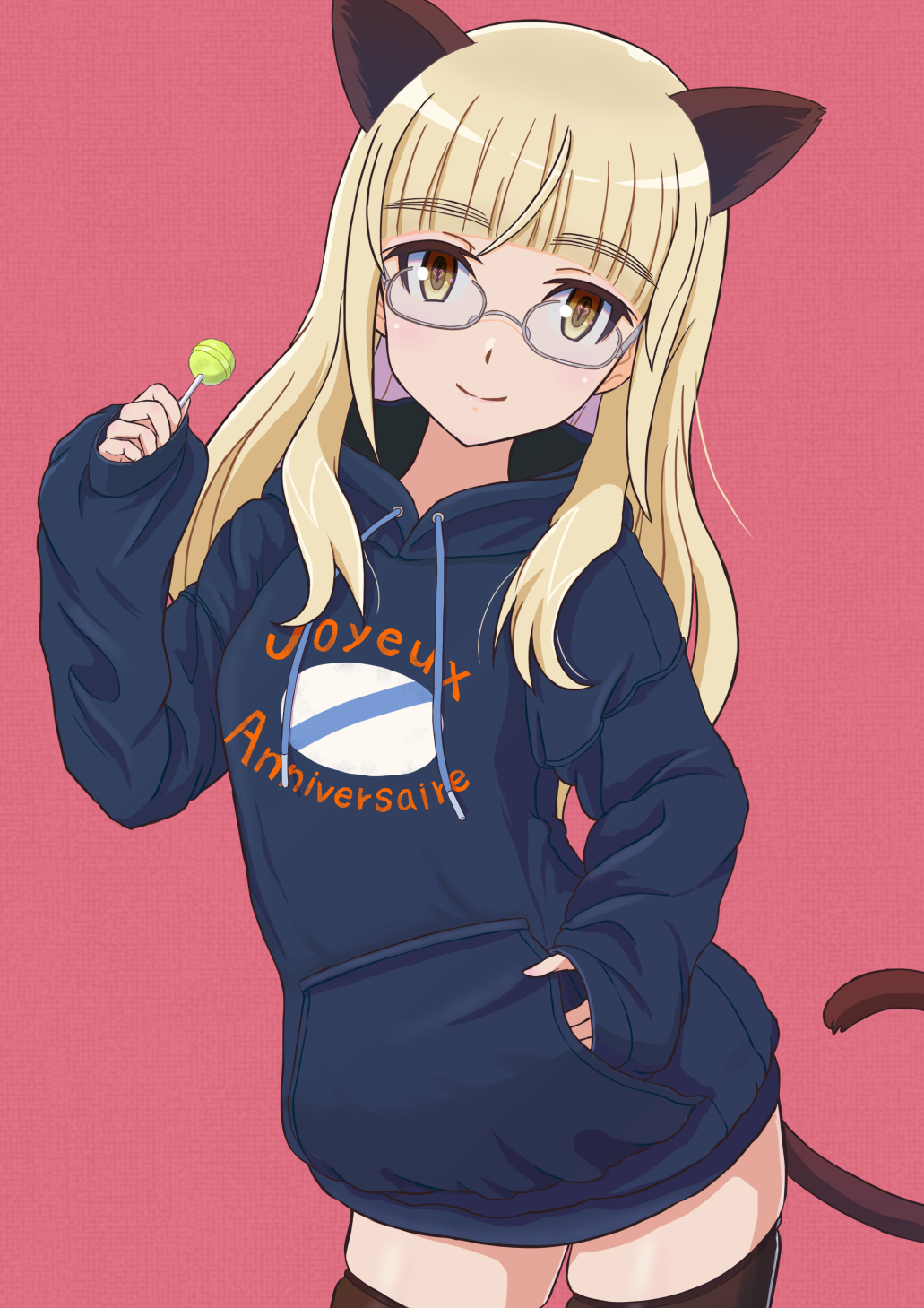 1girl animal_ears birthday black_thighhighs blonde_hair blue_sweater blush candy cat_ears cat_girl cat_tail closed_mouth commentary food french_text glasses hand_in_pocket happy_birthday highres hood hoodie keicha_(kmoekaki) lollipop long_hair looking_at_viewer perrine_h._clostermann pink_background simple_background skindentation smile solo strike_witches sweater tail thigh-highs translated world_witches_series yellow_eyes