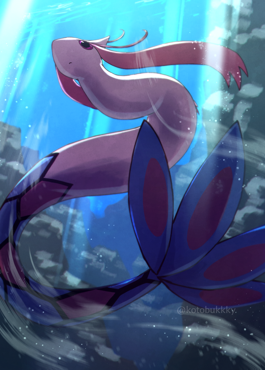 animal_focus closed_mouth commentary_request from_below highres kotobukkii_(yt_lvlv) light_rays milotic no_humans pokemon pokemon_(creature) solo twitter_username underwater violet_eyes watermark