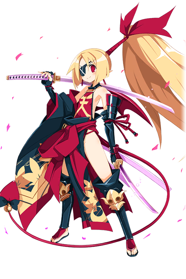 1girl backless_outfit bell blonde_hair bow demon_girl demon_tail demon_wings disgaea disgaea_rpg eyepatch fallen_angel fingernails flonne flonne_(fallen_angel) flonne_zesshosai_(disgaea) full_body harada_takehito holding holding_weapon katana long_tail official_art pointy_ears red_eyes red_tail red_wings sandals smile sword tail tail_bell tail_bow tail_ornament toenails toes transparent_background weapon wings
