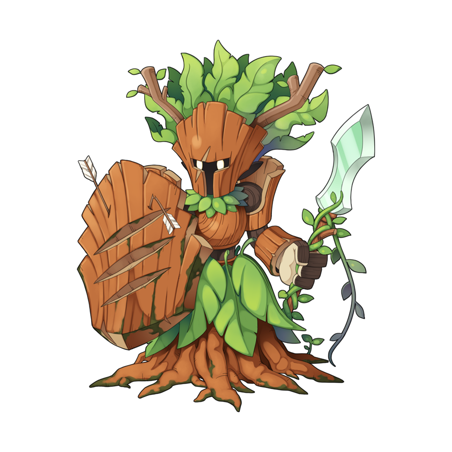 arrow_(projectile) branch broken_arrow chibi full_body holding holding_shield holding_sword holding_weapon leaf no_humans official_art plant ragnarok_online scar scar_across_eye shield simple_background solo sword transparent_background tree weapon wood wood_horns wooden_warrior yuichirou