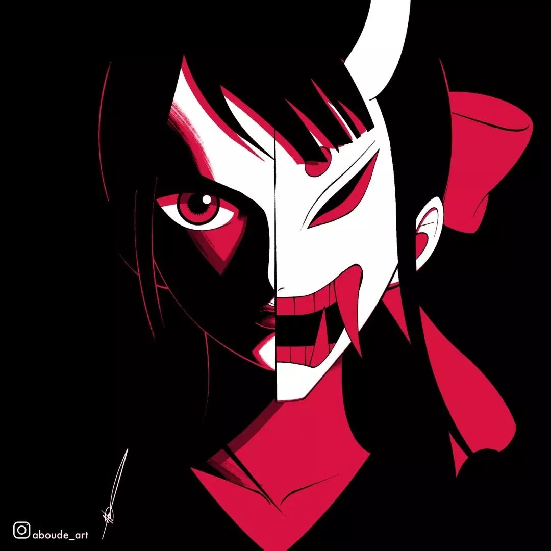 1boy aboude_art androgynous artist_name black_hair blunt_bangs closed_mouth hair_ornament hair_ribbon horned_mask instagram_logo instagram_username kikunojo_(one_piece) limited_palette long_hair looking_at_viewer male_focus mask one_piece oni_mask red_ribbon ribbon signature solo tusks