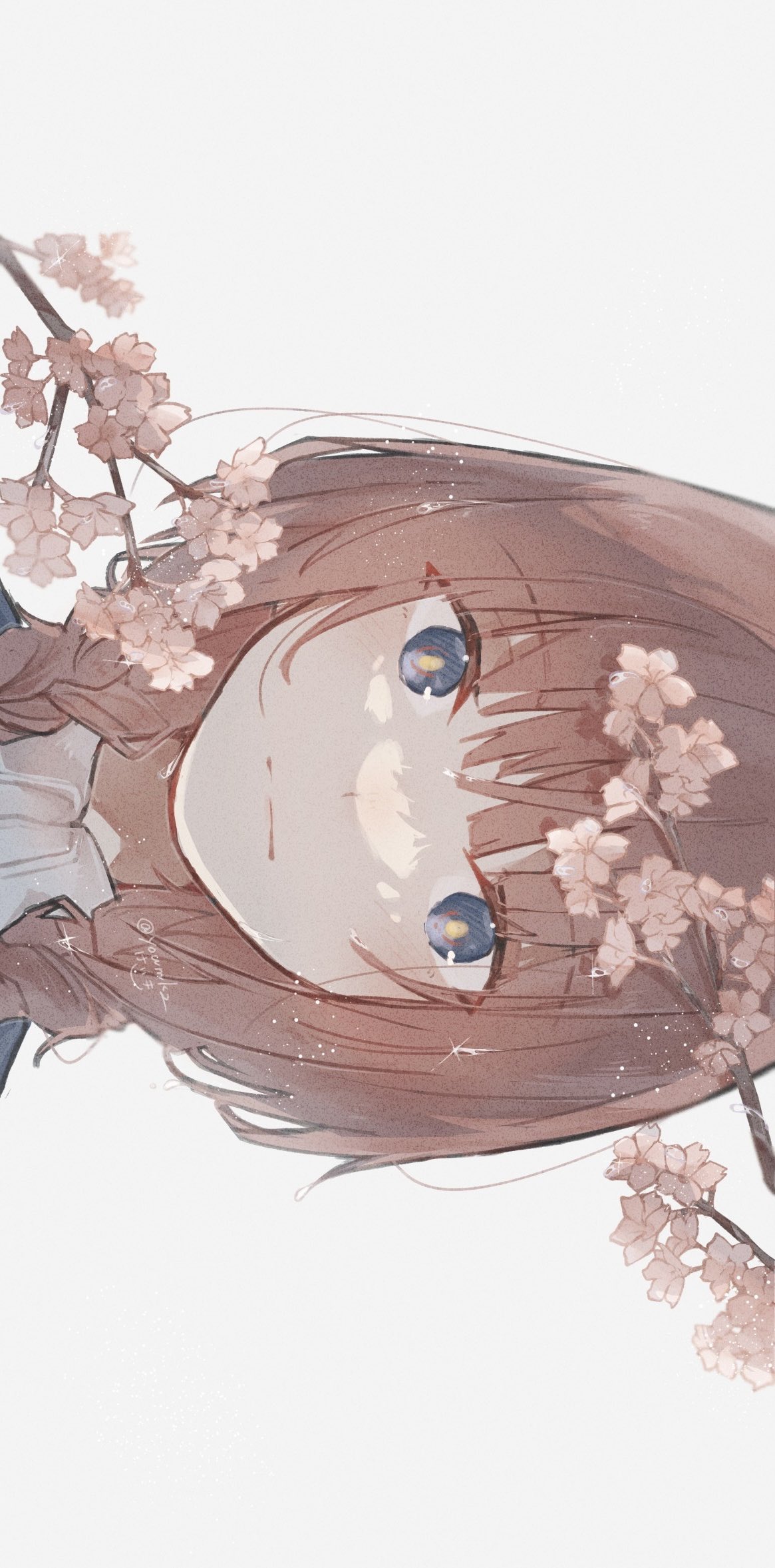 1girl :| blue_eyes braid branch brown_hair cherry_blossoms closed_mouth collared_shirt expressionless hair_over_shoulder highres kaf_(kamitsubaki_studio) kamitsubaki_studio keiki_(youmkz) long_bangs looking_at_viewer low_twin_braids portrait shirt sidelocks signature simple_background solo straight-on twin_braids twitter_username water_drop wet wet_hair white_background white_shirt