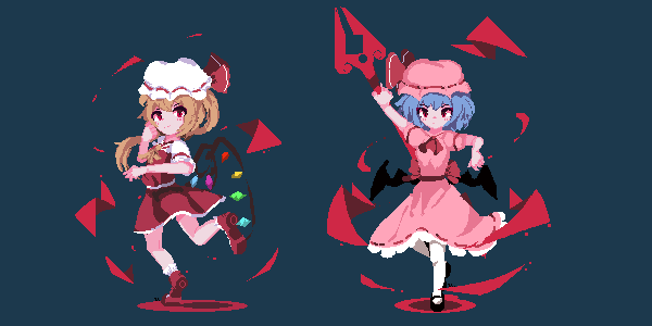 2girls ascot bat_wings blonde_hair blue_hair crystal_wings dress flandre_scarlet full_body hand_up hat hat_ribbon mary_janes miuu_000 mob_cap multiple_girls pink_dress pink_ribbon pixel_art red_ascot red_dress red_eyes red_ribbon remilia_scarlet ribbon shoes short_hair side_ponytail simple_background smile thigh-highs touhou white_thighhighs wings yellow_ascot