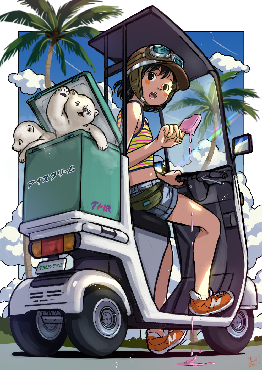 1girl animal bear black_eyes black_hair blue_sky blush_stickers border camisole clouds contrail dripping food goggles goggles_on_headwear helmet highres holding holding_food holding_popsicle license_plate looking_back moped motor_vehicle nanami_tomorou open_mouth orange_footwear original outdoors outside_border palm_tree polar_bear popsicle shoes short_shorts shorts sitting sky solo striped_camisole tree wheel white_border