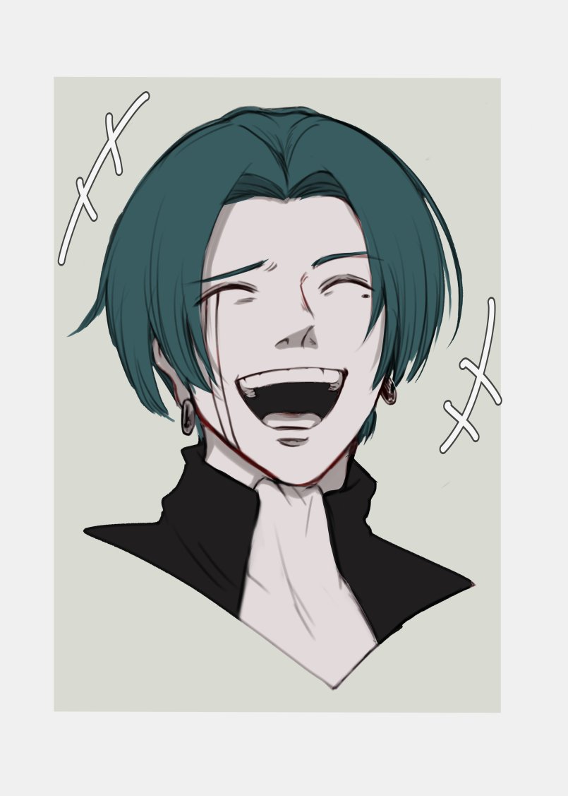 1boy character_request closed_eyes cropped_shoulders earrings facial_mark green_hair jewelry laughing mashle mole mole_under_eye nadachimachi_(user_nven5788) open_mouth solo teeth upper_teeth_only