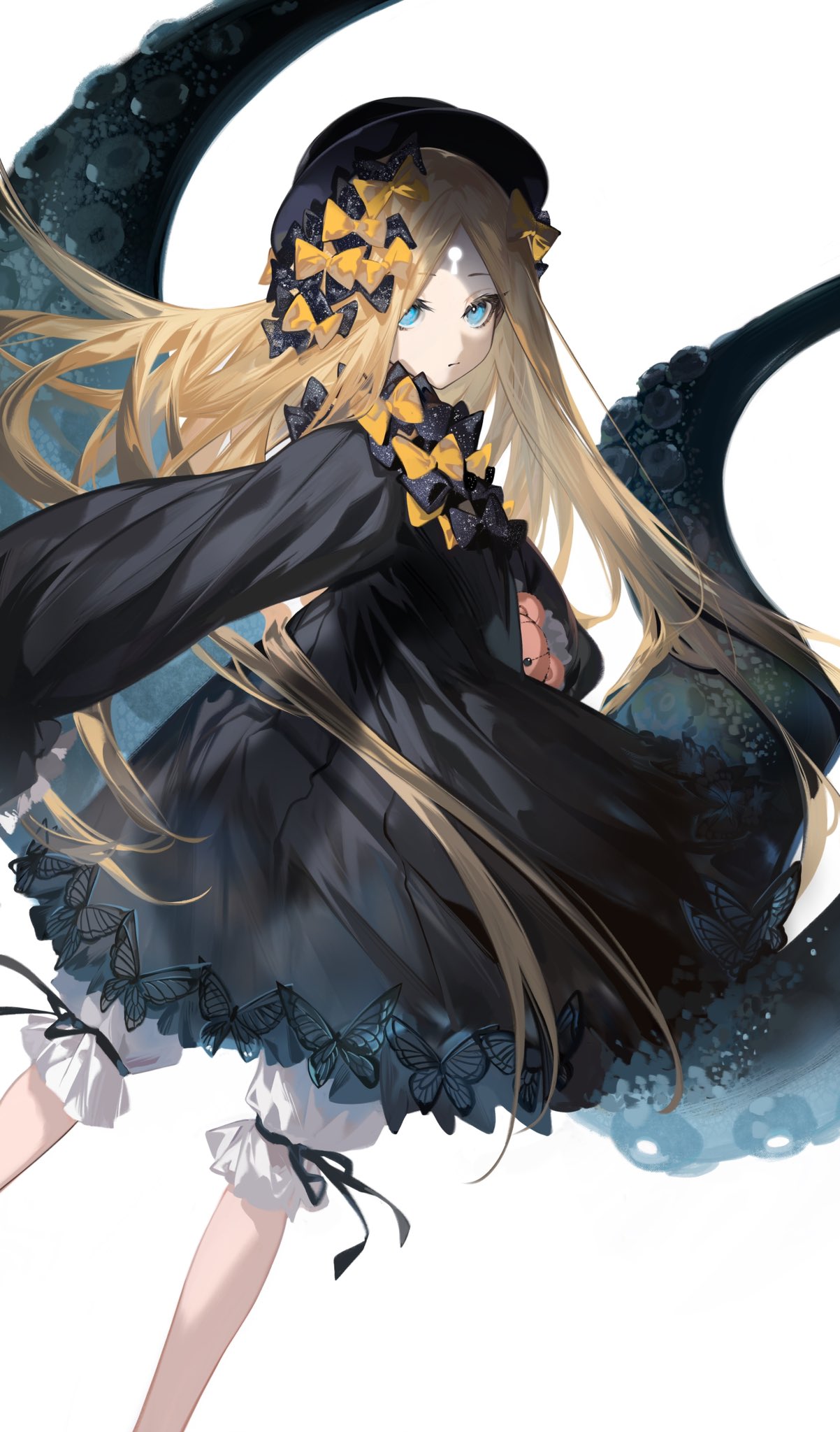 1girl abigail_williams_(fate) arlizi black_bow blonde_hair bloomers blue_eyes bow dress fate/grand_order fate_(series) feet_out_of_frame forehead hair_bow hat highres keyhole long_hair long_sleeves looking_at_viewer multiple_hair_bows multiple_hat_bows orange_bow parted_bangs polka_dot polka_dot_bow sleeves_past_fingers sleeves_past_wrists solo stuffed_animal stuffed_toy teddy_bear tentacles very_long_hair white_bloomers