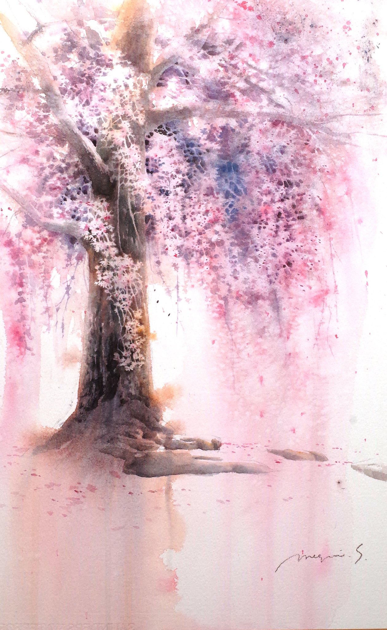 autumn_leaves branch cherry_blossoms highres no_humans original painting_(medium) pink_background pink_theme plant plant_focus scenery shimizu_megumi_(m_acquerello) traditional_media tree watercolor_(medium)