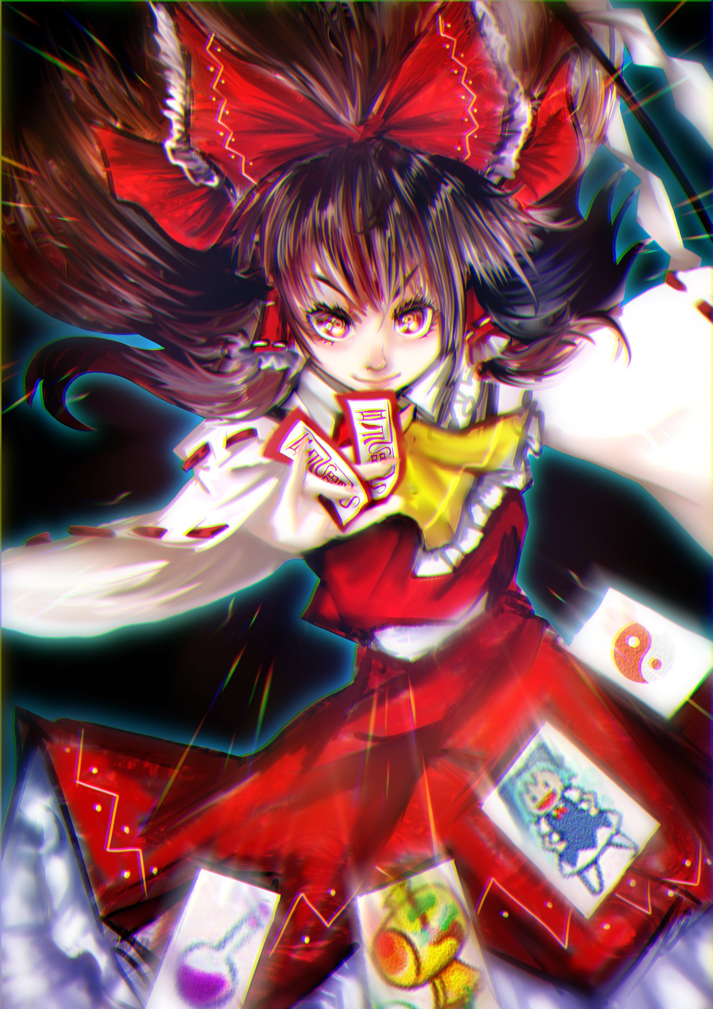 1girl ascot bad_id bad_twitter_id between_fingers black_background bow brown_hair card cirno closed_mouth collared_shirt commentary cowboy_shot detached_sleeves empty_eyes english_commentary eyelashes floating_hair frilled_ascot frilled_bow frills gohei hair_bow hakurei_reimu highres holding holding_gohei holding_ofuda long_hair long_sleeves looking_at_viewer luo_qiangwei miracle_mallet ofuda ofuda_between_fingers outstretched_arm potion red_bow red_eyes red_vest ribbon-trimmed_sleeves ribbon_trim shirt simple_background smile solo touhou unconnected_marketeers v-shaped_eyebrows vest white_shirt white_sleeves wide_sleeves yellow_ascot yin_yang