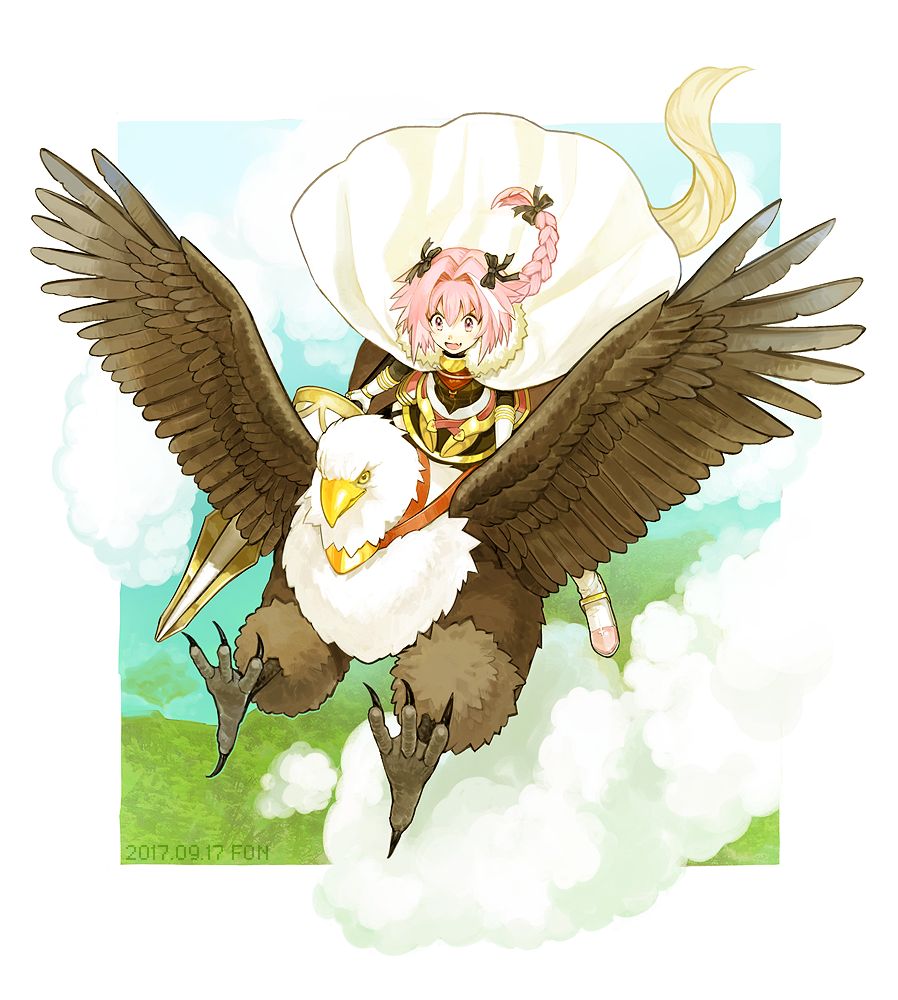 1boy astolfo_(fate) black_bow border bow cape claws clouds dated fang fate/apocrypha fate_(series) fon-due_(fonfon) fur-trimmed_cape fur_trim griffon hair_bow holding holding_weapon male_focus open_mouth otoko_no_ko pink_eyes pink_hair riding skin_fang weapon white_border white_cape white_footwear yellow_eyes