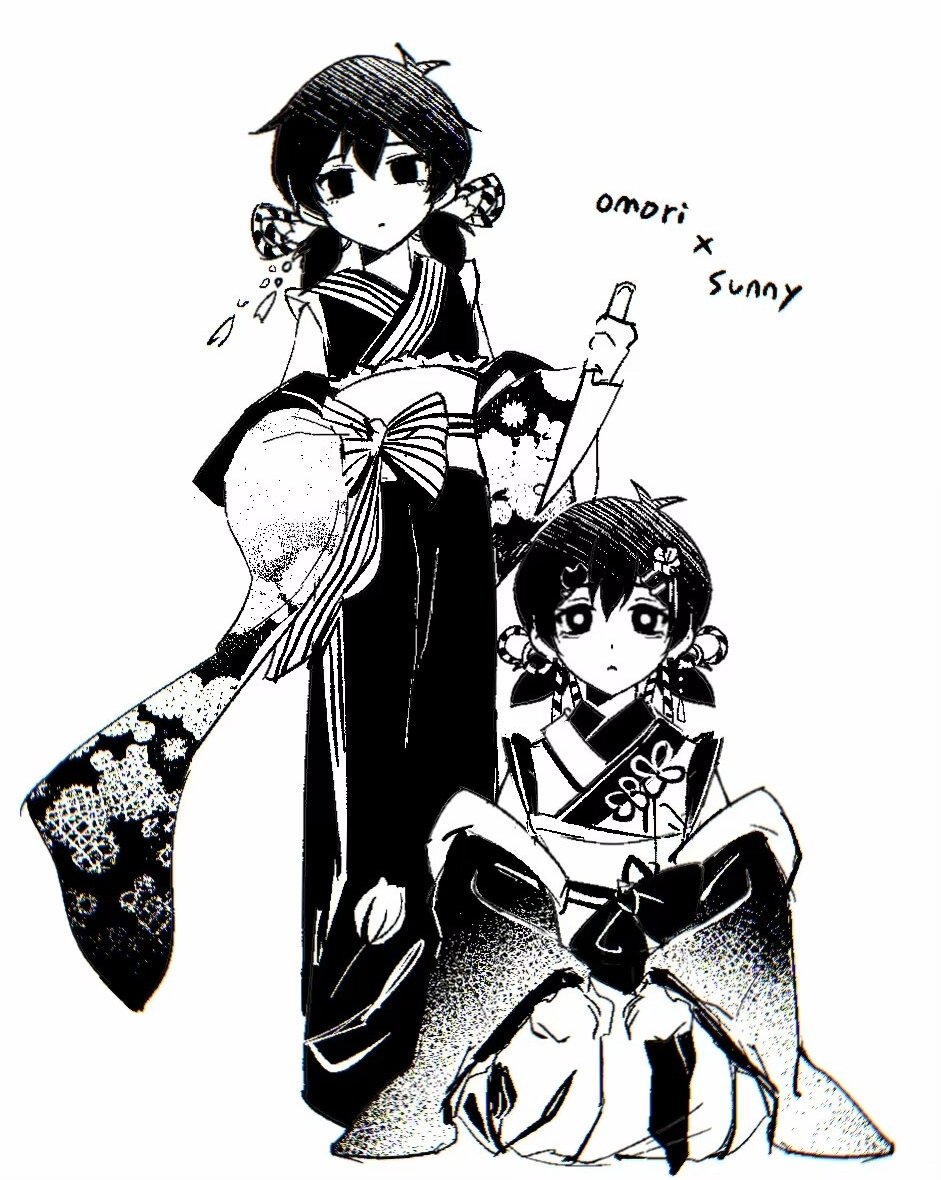 2girls alternate_costume character_name closed_mouth genderswap genderswap_(mtf) greyscale hair_ornament hairclip holding holding_knife japanese_clothes kimono knife long_sleeves low_twintails monochrome multiple_girls niu_tata omori omori_(omori) short_hair short_sleeves short_twintails simple_background sunny_(omori) twintails white_background