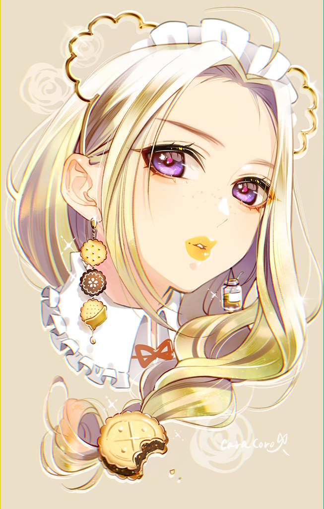 1girl ahoge blonde_hair bow brown_background caracoro commentary_request cookie cookie_earrings cropped_head crumbs drop_earrings earrings eyelashes food food_bite frilled_hairband frills hair_intakes hairband honey jar jewelry lips lipstick long_hair looking_at_viewer makeup mole original parted_lips purple_lips signature solo sparkle thick_lips violet_eyes yellow_lips