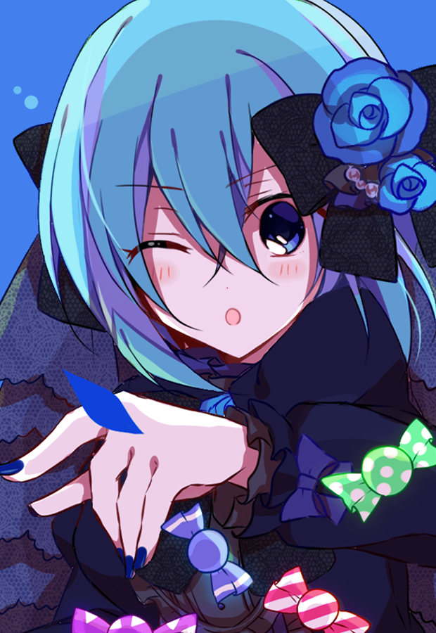 1girl :o alternate_costume black_bow blue_background blue_dress blue_eyes blue_flower blue_hair blue_nails bluestar_iz bow breasts candy claire_elford dress flower food frilled_sleeves frills hair_between_eyes hair_bow large_breasts long_hair looking_at_viewer official_art one_eye_closed open_mouth polka_dot solo witch's_heart