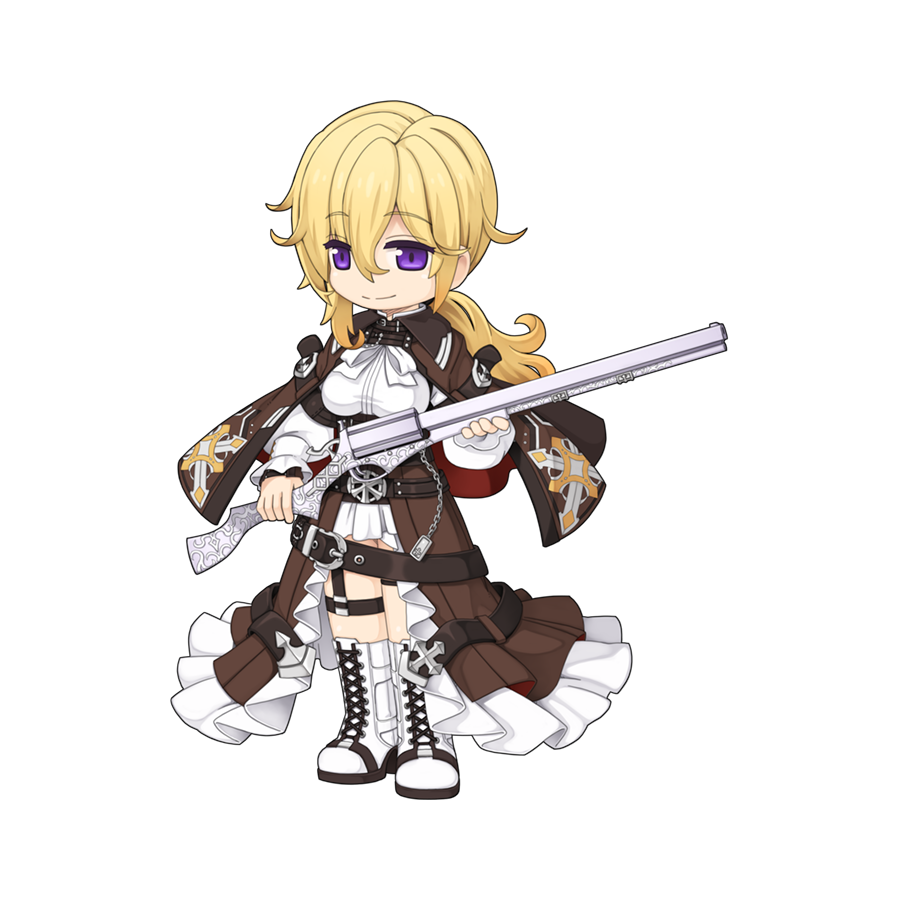 1girl blonde_hair boots bow bowtie breasts brown_cape brown_skirt bullet cape chain chibi closed_mouth cross-laced_footwear eyes_visible_through_hair full_body gun hair_between_eyes high-waist_skirt high_heel_boots high_heels holding holding_gun holding_weapon large_breasts long_bangs long_hair long_skirt long_sleeves looking_at_viewer low_ponytail night_watch_(ragnarok_online) official_art ragnarok_online red_cape revolver rifle shirt simple_background skirt smile sniper_rifle solo split_mouth standing tachi-e thigh_strap transparent_background two-sided_cape two-sided_fabric underbust violet_eyes weapon white_bow white_bowtie white_footwear white_shirt yuichirou