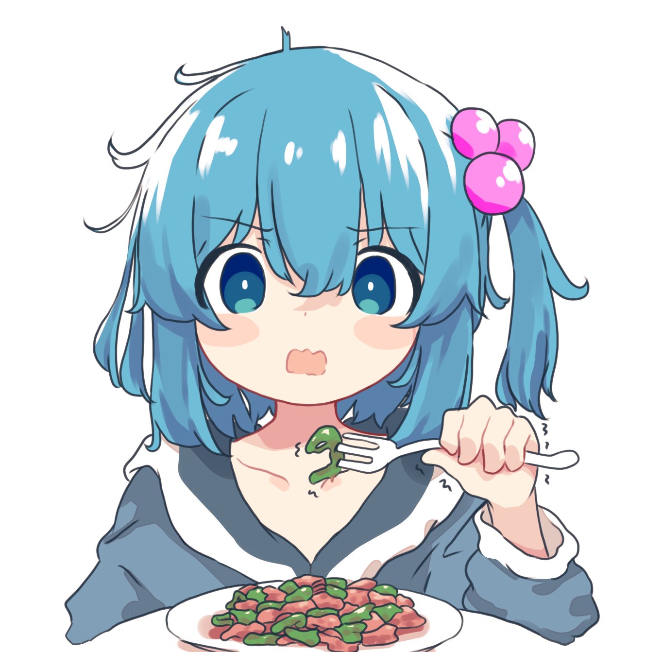 1girl aoi_tori bell_pepper blue_eyes blue_hair blush_stickers commentary_request fork grey_shirt hair_between_eyes hair_bobbles hair_ornament hand_up highres holding holding_fork long_sleeves one_side_up open_mouth original plate puffy_long_sleeves puffy_sleeves shirt simple_background solo teru-chan_(aoi_tori) upper_body wavy_mouth white_background