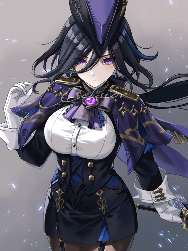 1girl black_hair blue_hair breasts celsior clorinde_(genshin_impact) corset epaulettes frown genshin_impact gloves hat holding holding_sword holding_weapon large_breasts light_particles long_hair looking_at_viewer pantyhose shirt solo sword tricorne very_long_hair violet_eyes weapon white_gloves