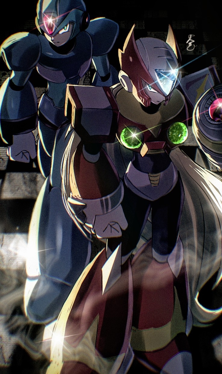2boys arm_cannon armor blonde_hair blue_armor blue_eyes blue_helmet cang_she checkered_floor chest_jewel clenched_hand forehead_jewel from_above full_body glint green_eyes helmet highres long_hair looking_at_viewer looking_up mega_man_(series) mega_man_x_(series) multiple_boys red_armor red_helmet shoulder_armor weapon x_(mega_man) zero_(mega_man) zero_buster