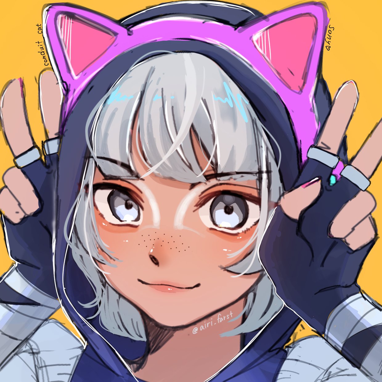 1girl animal_ears animification anono apex_legends black_hoodie cat_ears character_name conduit_(apex_legends) double_v fake_animal_ears freckles grey_eyes grey_hair highres hood hood_up hoodie looking_at_viewer official_alternate_costume orange_background player_one_conduit portrait short_hair smile solo twitter_username v