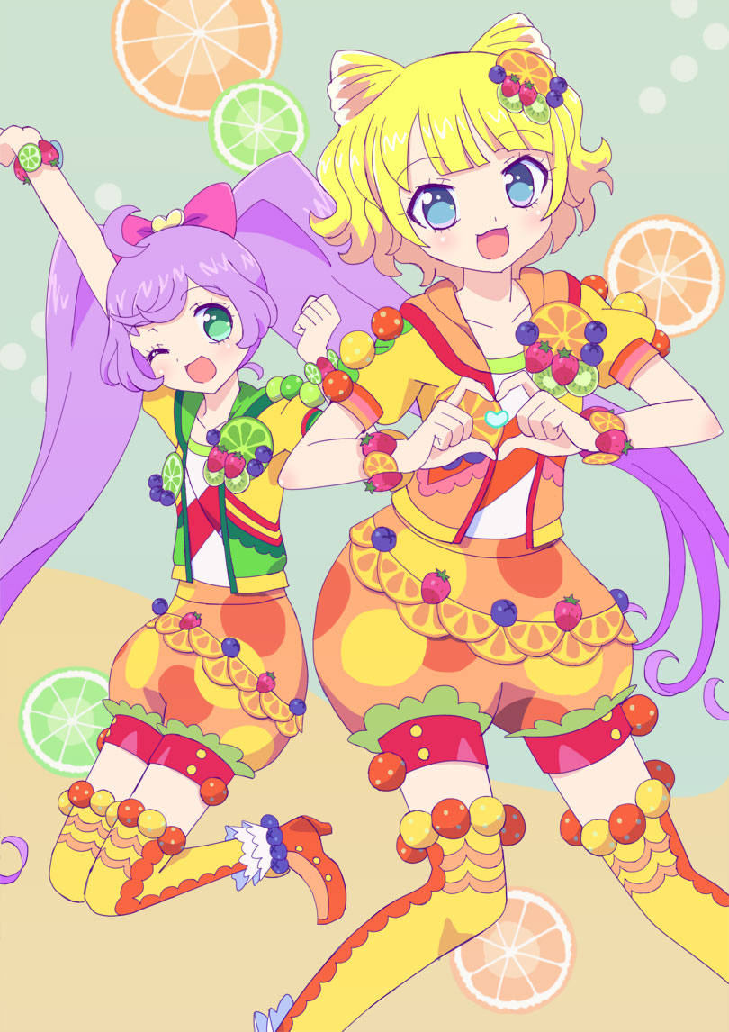 2girls :d ;d ahoge arm_up blonde_hair blue_eyes blueberry blunt_bangs bow bracelet commentary_request cone_hair_bun double_bun food food-themed_clothes food-themed_hair_ornament fruit full_body green_eyes hair_bow hair_bun hair_ornament heart heart_hands high_heels idol_clothes jacket jewelry jumping ku_(residual666) lime_(fruit) lime_slice long_hair looking_at_viewer manaka_laala minami_mirei multiple_girls one_eye_closed open_mouth orange_(fruit) orange_footwear orange_jacket orange_shorts orange_slice pink_bow pretty_series pripara purple_hair shirt short_hair short_sleeves shorts smile standing strawberry thigh-highs twintails very_long_hair white_shirt yellow_thighhighs