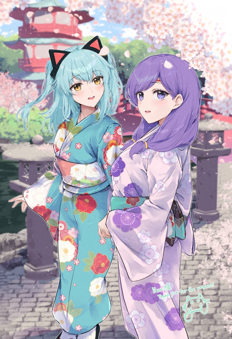 2girls animal_ear_headphones animal_ears ao_no_kiseki architecture blue_hair cat_ear_headphones character_request cherry_blossoms commission copyright_request double-parted_bangs east_asian_architecture eiyuu_densetsu english_text fake_animal_ears falling_petals fire_emblem floating_hair headphones japanese_clothes kimono low_ponytail multiple_girls outdoors pagoda parted_bangs petals ponytail purple_hair signature skeb_commission smile tio_plato twintails violet_eyes yellow_eyes yuuri_(orz_commushows) zero_no_kiseki