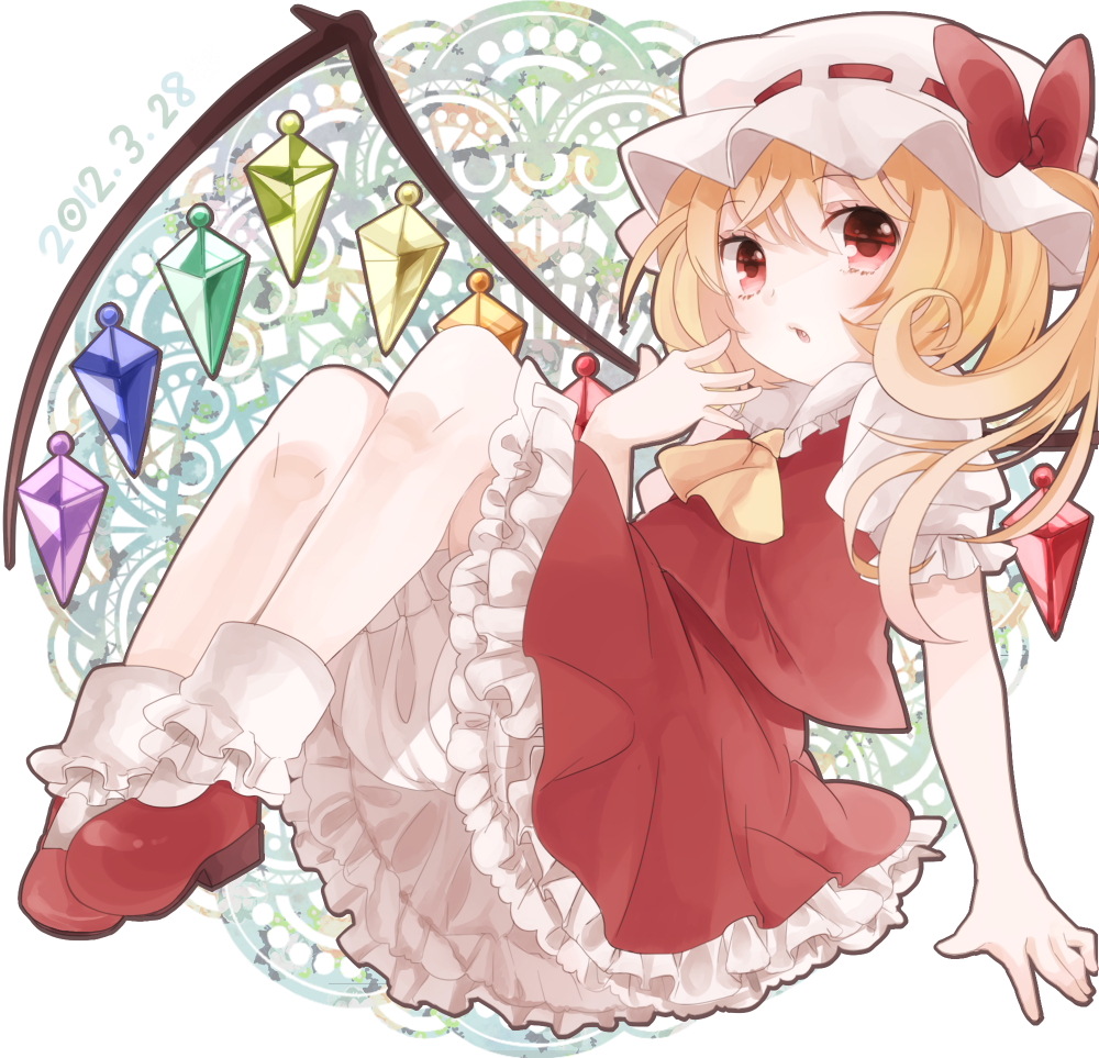 1girl 2012 :o bare_arms blonde_hair bow commentary_request dated dress fang flandre_scarlet frilled_dress frilled_hat frills full_body hat hat_bow knees_up long_hair looking_at_viewer mob_cap multicolored_wings reclining red_bow red_dress red_eyes ribbon-trimmed_headwear ribbon_trim shigure_ui sitting solo touhou wings