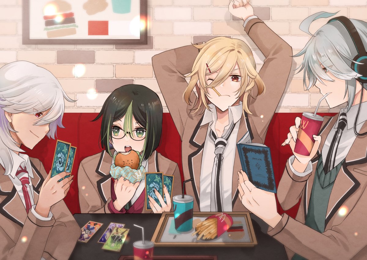 4boys alhaitham_(genshin_impact) alternate_costume arms_up black_hair blonde_hair brown_jacket burger card closed_mouth cup cyno_(genshin_impact) dark-skinned_male dark_skin desk drinking drinking_straw eating food french_fries genius_invokation_tcg genshin_impact glasses green_eyes green_hair green_vest grey_hair hair_between_eyes hair_ornament hair_over_one_eye hairclip headphones holding holding_cup jacket kaveh_(genshin_impact) komesiwo_syumi long_hair long_sleeves male_focus mouth_hold multicolored_hair multiple_boys necktie no_animal_ears open_mouth red_eyes red_vest shirt smile striped_necktie sweater_vest tighnari_(genshin_impact) vest white_hair white_shirt