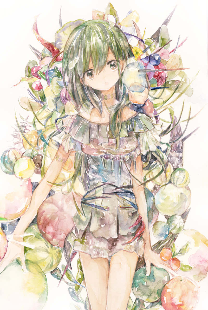 1girl :o breasts brown_eyes dress flower food fruit green_hair grey_dress jewelry kazuka lemon long_hair looking_at_viewer mandarin_orange necklace open_mouth original painting_(medium) small_breasts solo traditional_media watercolor_(medium) watermelon white_background