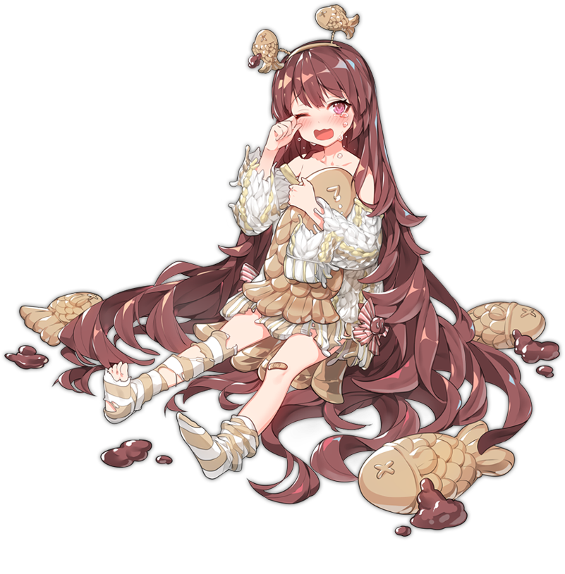 1girl absurdly_long_hair ark_order bandaid bandaid_on_knee bandaid_on_leg bare_shoulders blush brown_footwear brown_hair crying cuisine_dimension dress fish_hair_ornament food full_body hair_ornament hairband head_boppers heart long_hair looking_at_viewer loose_socks off-shoulder_sweater off_shoulder official_alternate_costume official_art one_eye_closed open_mouth red_eyes ronopu sleeves_past_fingers sleeves_past_wrists slippers socks solo striped_clothes striped_socks stuffed_animal stuffed_fish stuffed_toy sweater sweater_dress symbol-shaped_pupils tachi-e taiyaki taiyaki_(cuisine_dimension) tears torn_clothes transparent_background very_long_hair wagashi wiping_tears